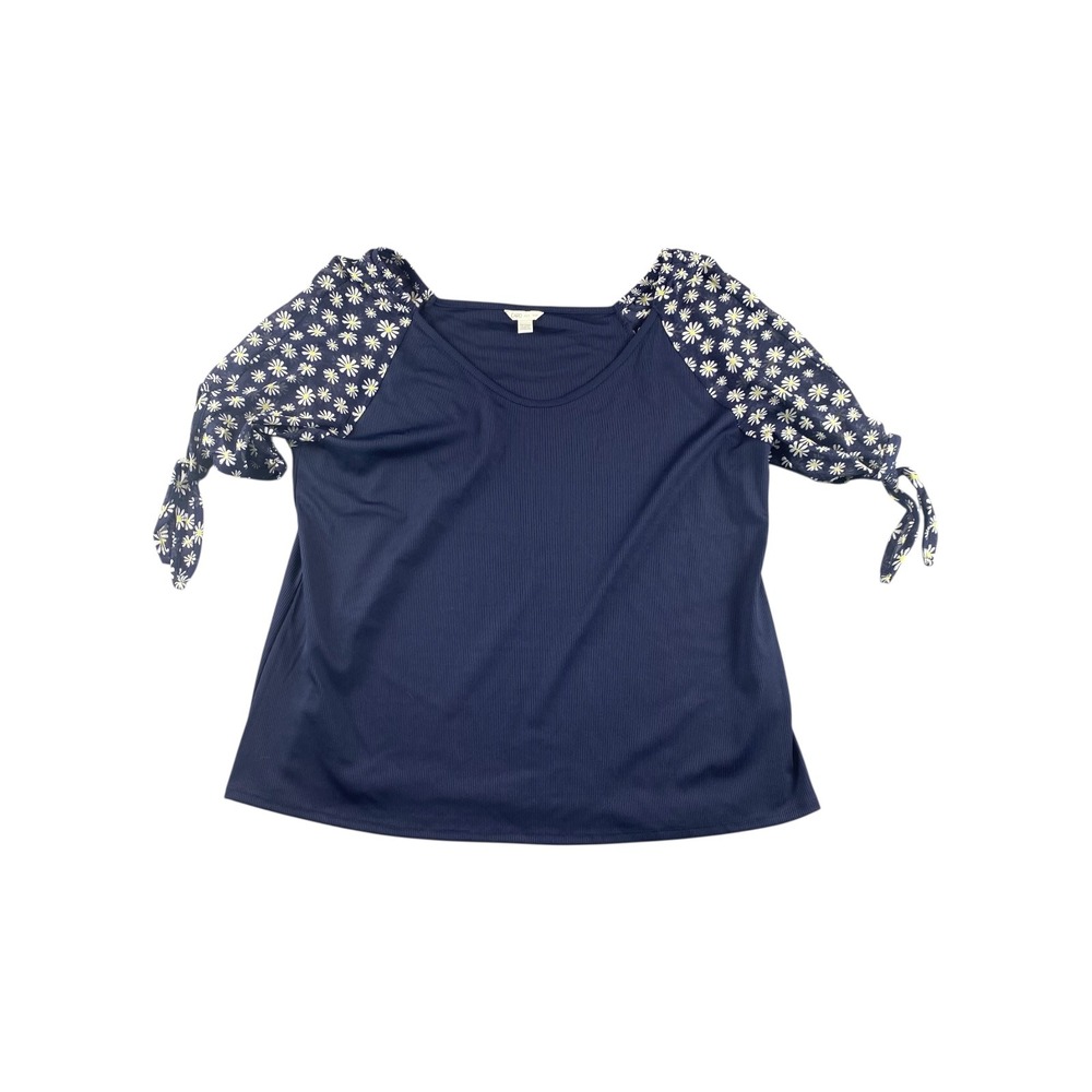 Cato Plus Size 14 16W Navy Blue Floral Sleeve Top Shirt Womens